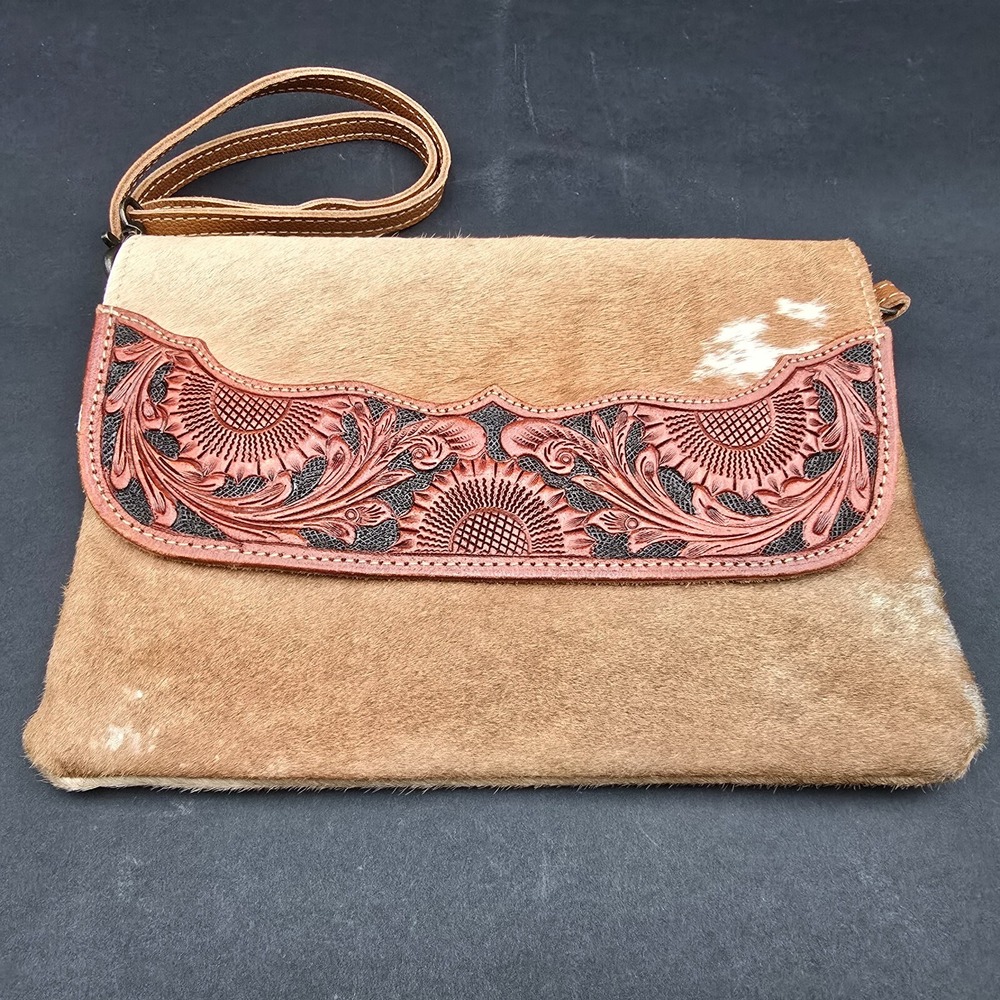 Myra Crossbody Purse Clutch Embossed Leather and Cowhide Clean